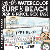 Editable Watercolor Surf Beach Desk and Pencil Box Name Tags