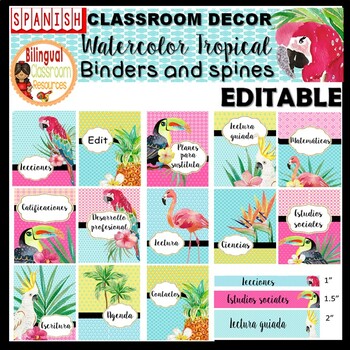 Preview of Editable-Watercolor Tropical Binder Covers and Spines (Spanish Version)