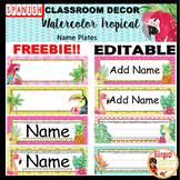 Editable Watercolor Tropical Nameplates in Spanish (FREEBIE)