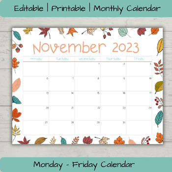 Preview of Editable Weekday November 2023 Calendar