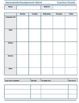 weekly assignment sheet printable