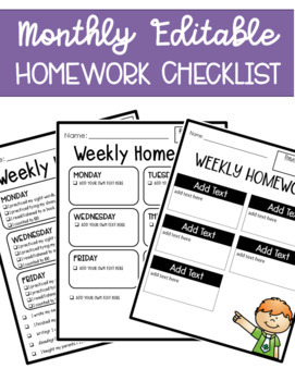Preview of Editable Weekly Homework Checklist For the Whole Year