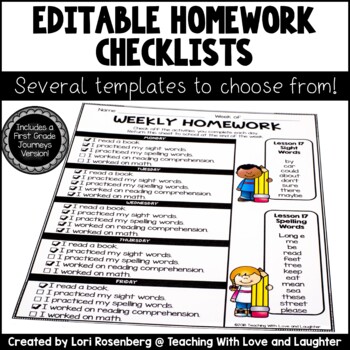 Preview of Editable Weekly Homework Checklists {Compatible With First Grade Journeys}