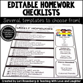 Preview of Editable Weekly Homework Checklists {Compatible With Kindergarten Journeys}