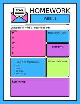 Preview of Editable Weekly Homework Cover Page