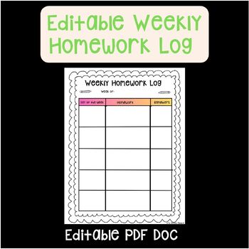 Preview of Editable Weekly Homework Log/Cover Page