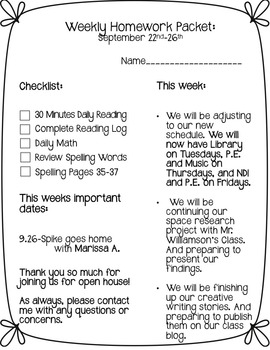 Preview of Editable Weekly Homework Packet Cover Sheet