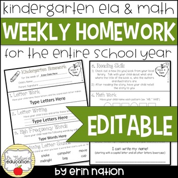 Preview of Editable Weekly Kindergarten Homework {72 pages of Reading and Math activities}