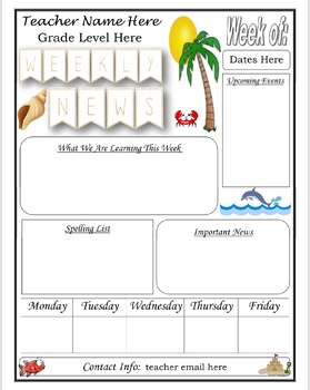 Preview of Beach Theme Editable Weekly Newsletter