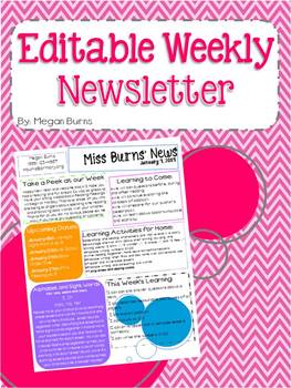 Editable Weekly Newsletter Template by Miss Burns' Kindergarten Spot