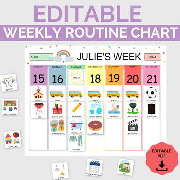 Preview of Editable Weekly Visual Routine Chart with Cards Schedule for Kids with Rainbow