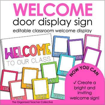Preview of Editable Welcome Sign Door Display - Bright Rainbow Classroom Decor