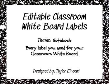 Preview of Editable White Board Labels: Notebook theme 