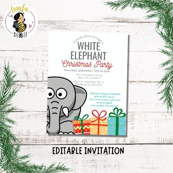 Preview of Editable White Elephant Christmas Party Invite | Holiday Invitation Template