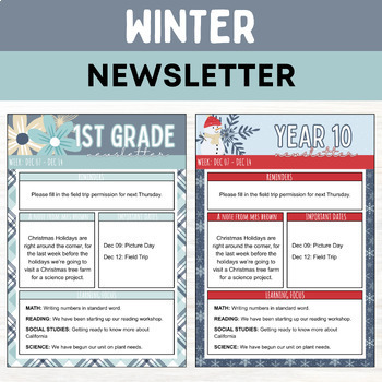 Preview of Editable Winter Classroom Newsletter Template Season Themed