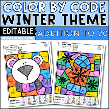 Preview of Editable Winter Color By Code Addition Worksheets - Morning Work Coloring Pages