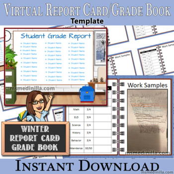Preview of Editable Winter Report Card, Grade Book, Virtual Template, Add Bitmoji & Links