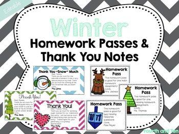 Preview of Editable Winter Themed Homework Passes and Thank You Notes