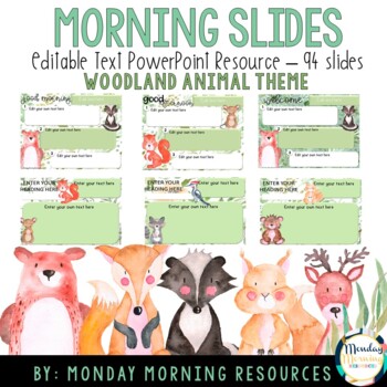 Preview of Editable Woodland Animal Morning Work/Daily Agenda Slides - Distance Learning