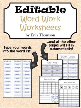 word work worksheets editable by erin thomsons primary printables