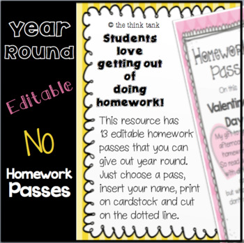 Preview of Editable Year Round No Homework Passes