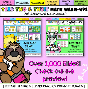 Preview of Editable Year Two & Three Math Warm-ups Bundle | Australian Curriculum |