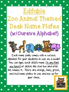 Preview of Editable Zoo Animal and Polka Dot Themed Name Desk Plates w/Cursive Letters