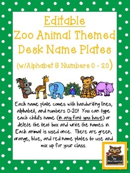 Preview of Editable Zoo Animals Themed Name Desk Plates w/Alphabet and Numbers 0 -20