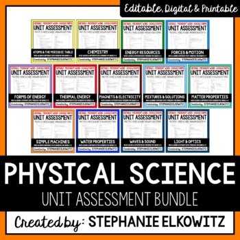 Preview of Physical Science Unit Exam Bundle | Editable | Printable | Google Forms