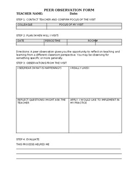 Preview of Peer Observation Form  (Editable and Fillable resource)