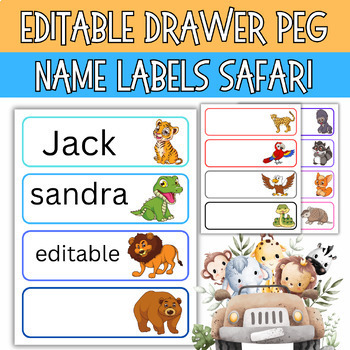 Preview of Editable Student name tag Template ( safari Theme ) | First week of school