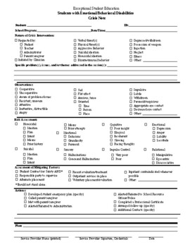 Preview of Students with Emotional/Behavioral Disabilities; Crisis Note(Editable &Fillable)