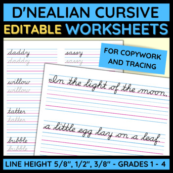 Preview of Editable handwriting worksheets in D'Nealian cursive