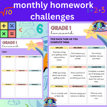 Preview of Editable monthly homework challenges for grade 1