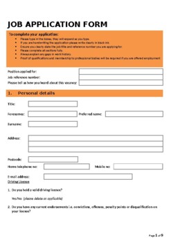 Preview of Job Application form (editable and fillable template)
