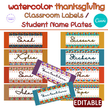 Preview of Editable watercolor thanksgiving Classroom Labels and Student Name Plates