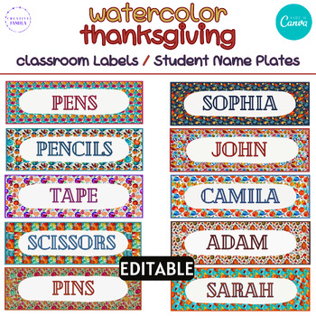 Preview of Editable watercolor thanksgiving Classroom Labels and Student Name Plates