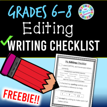 Preview of Editing Checklist - 6th grade, 7th grade, 8th grade - PDF and digital!