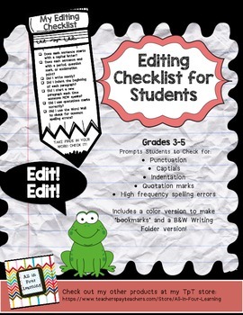 Editing Checklist for Students- Grades 3-5 by All in Four Learning