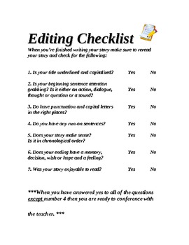 Editing Checklist for Writing grade 2-4 by Mrs Michael | TpT