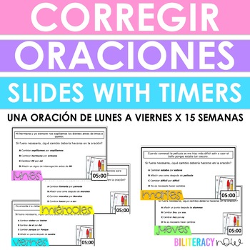 Preview of Spanish Writing Editing Warm-Ups on Slides w/ Timer- 15 Weeks Practice