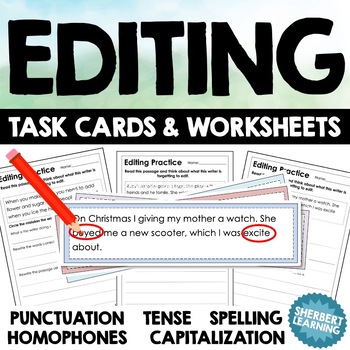 Preview of Editing Task Cards & Worksheets - Capitalization, Punctuation, Homophones + more