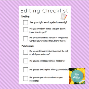 4th Grade Editing Checklist by MissPhillips | TPT