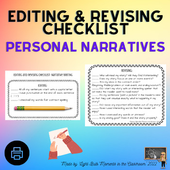 Preview of Editing and Revising Checklist - Personal Narratives