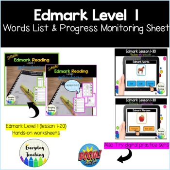 Preview of Edmark Level 1 Words List and Progress Monitoring Sheet