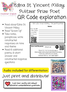 Preview of Edna St. Vincent Millay Poetry Month QR Exploration Printable EOC Prep Digital