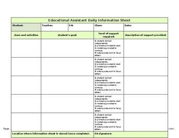 Preview of Educational Assistant Daily Information Sheet