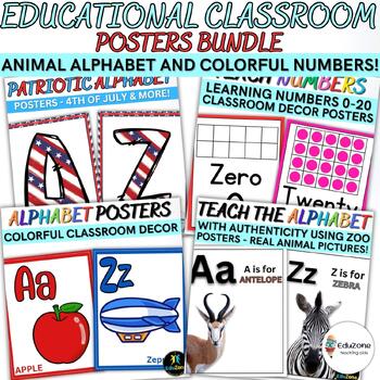 Preview of Educational Classroom Posters Bundle: Animal Alphabet & Colorful Numbers Posters