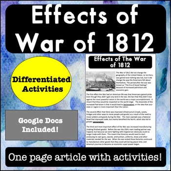 Preview of Effects of the War of 1812 Reading Passage and Activities & Distance Learning