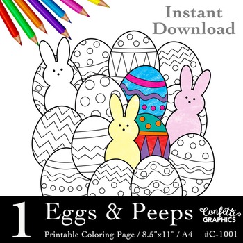 Preview of Eggs & Peeps Coloring Page, Easter, Colouring, Mandala, Pattern C-1001